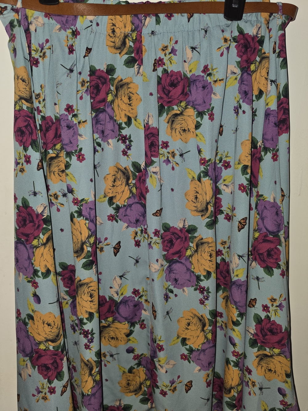 Black Bead Floral Maxi Skirt in Light Blue with Yellow & Purple Roses